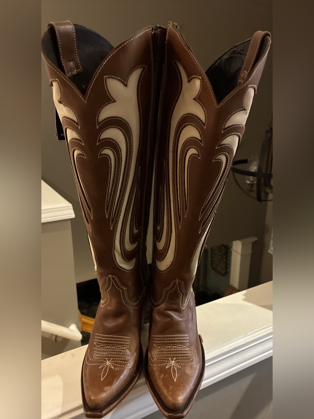 Liberty Black womens Western Cowboy Boots Brown Cream Leather Side Zip Point